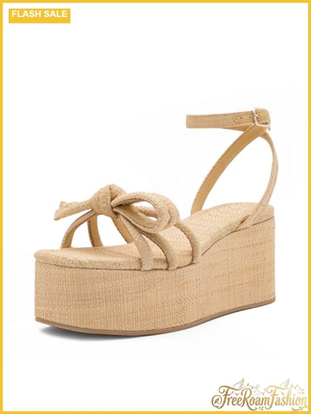 Raffia Platform Wedge Sandals Bow Ankle Strap Open Toe Comfortable
